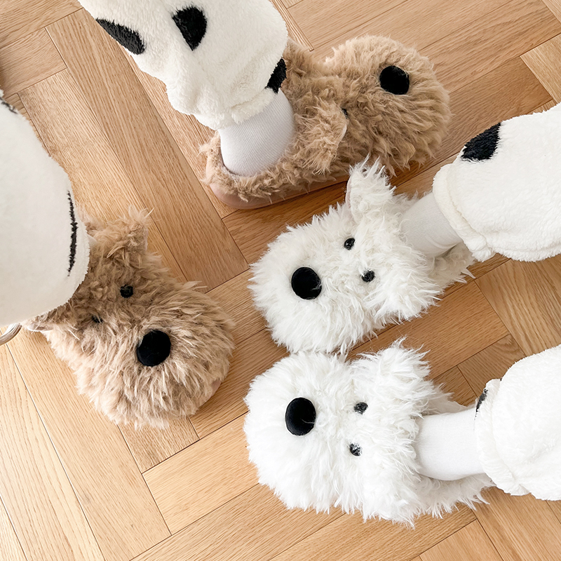 Cute Cartoon West Highland Doodle Puppy Cotton Slippers for Women, Autumn and Winter Indoor Home Couple Pair of Fur Slippers for Men