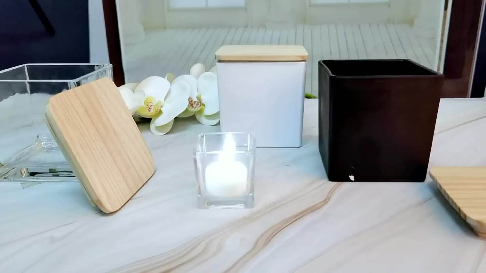 Wholesale Square Black Glass Candle Container Candle Jar With Wooden