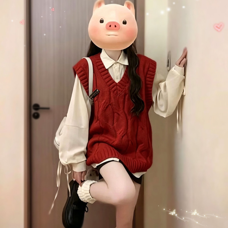 Korean Style Autumn Suit for Women 2026 New Model Red V-Neck Knitted Vest Layered with a Two-Piece Vest Top Set Korean Style Autumn Suit for Women 2026 New Model Red V-Neck Knitted Vest Layered with a Two-Piece Vest Top Set