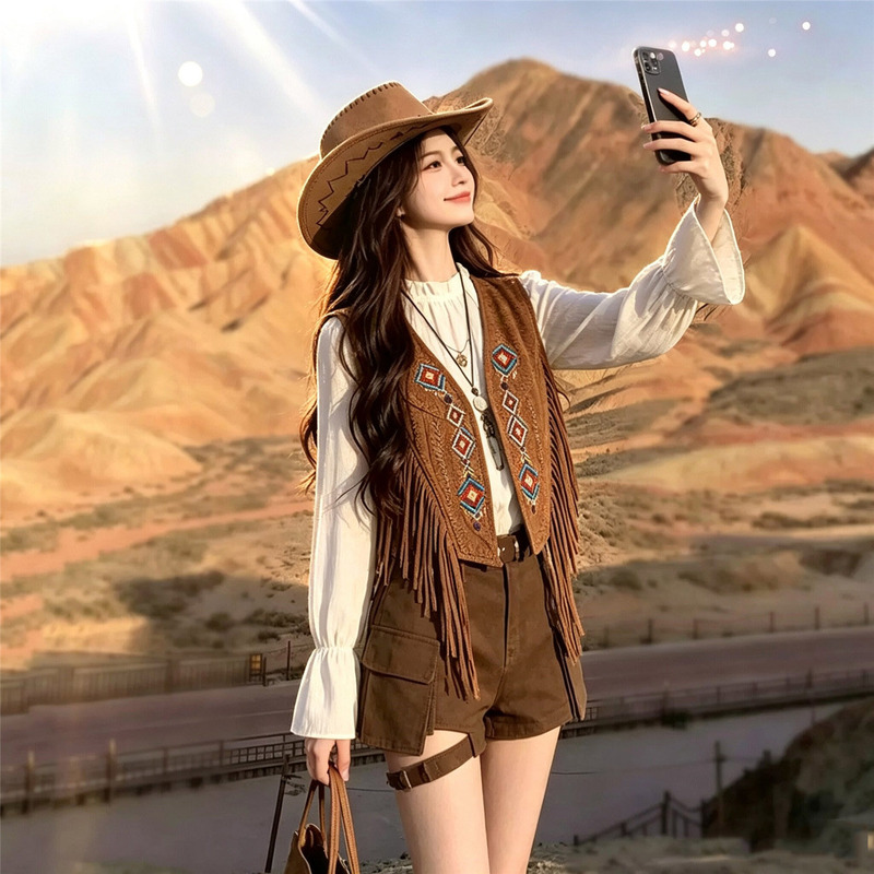 Western Cowboy Style Tassel Layered Vest Paired with a Sleeveless Top, Ethnic National Style Embroidery, Retro, Lightweight and Super Stylish