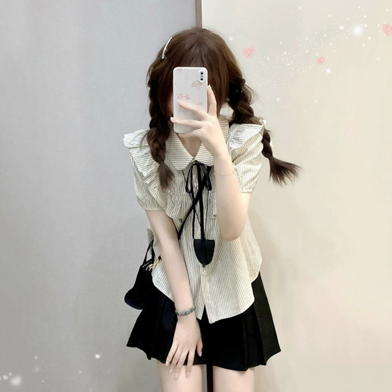 Japanese-Style Sweet Doll Collar Striped Shirt with Puff Sleeves, Short-Sleeve French-Style Unique and Beautiful Top, Jk Uniform Set
