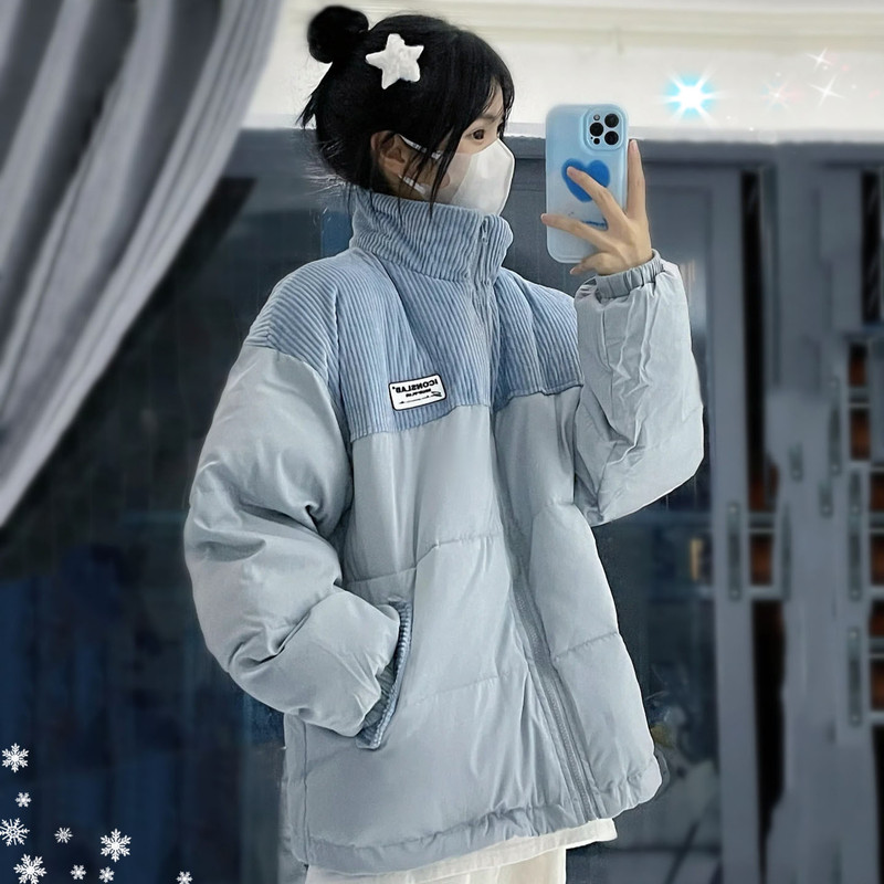 2026 Super Stylish Winter Blue Short down Jacket Korean Style Super Nice Warm Thick Cotton Corduroy Coat
