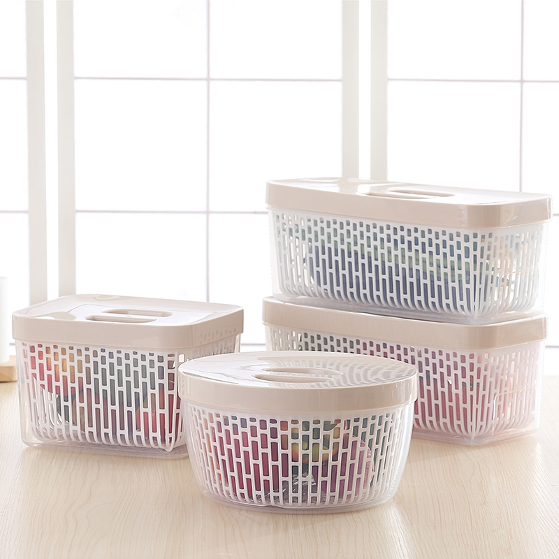 Refrigerator drain fresh-keeping box plastic food box with lid kitchen rectangular fruit sealed storage box vegetable basket