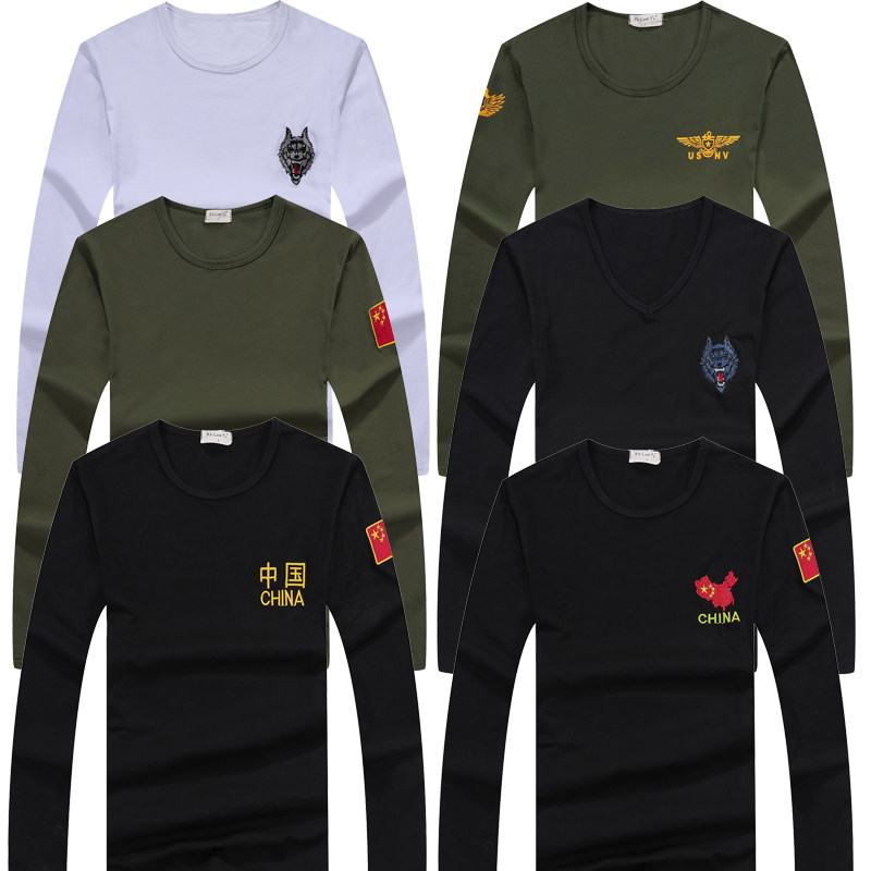 With Chinese words flag T-shirt men's army fans patriotic Air Force land special forces five-star red flag long-sleeved autumn