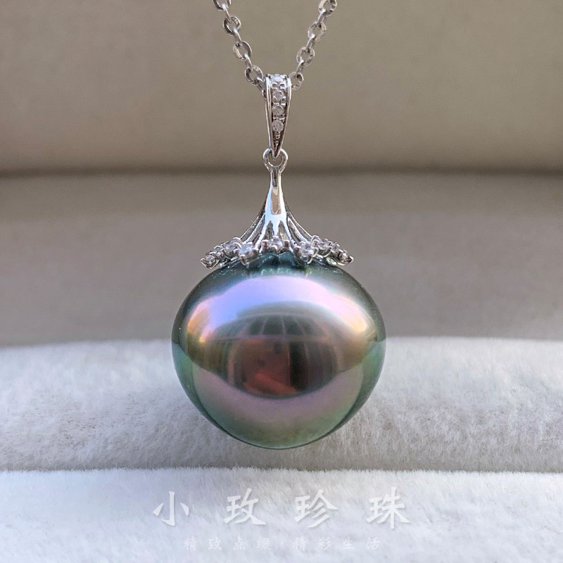 天然珍珠吊坠14mm大溪地黑珍珠18K金南洋海水珍珠女项链坠孔雀绿:💎奢华与自然的完美碰撞! -颈饰-淘宝好物网