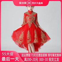 Chinese childrens gown with long sleeves princess dress girl fluffy yarn flowers childrens birthday evening gown show host acting out of autumn