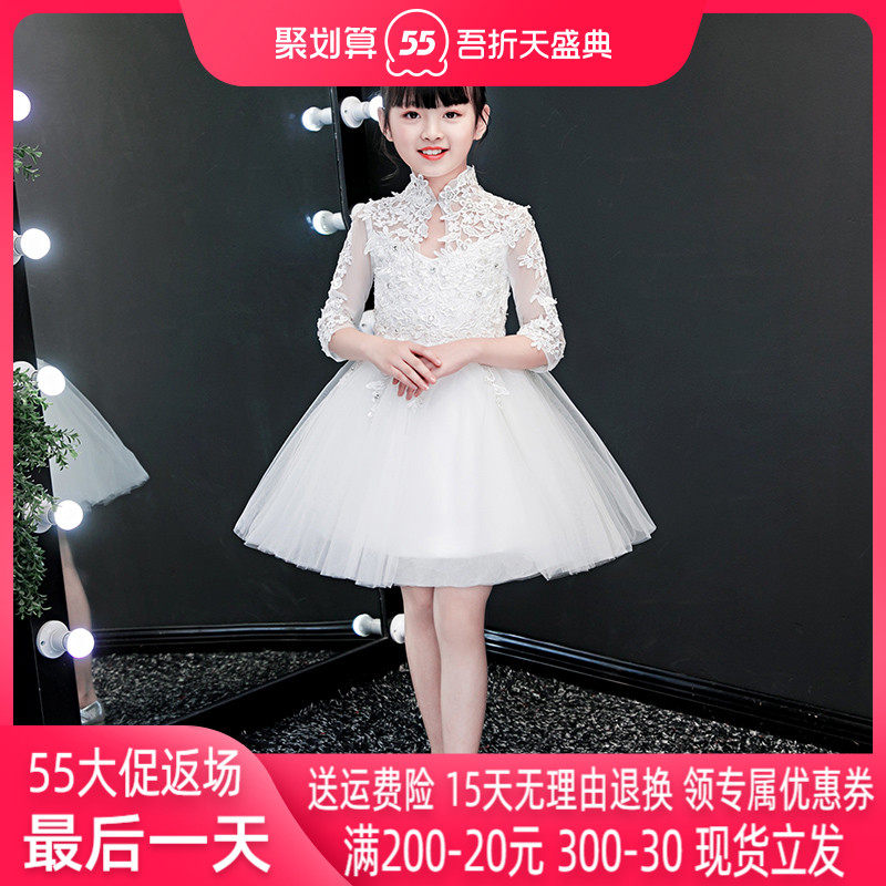 Girl Gown High-end Walking Show Birthday Flower Girl Girl Chair Child White Princess Dress Fluffy Dress Foreign Pie Long Sleeve