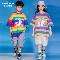 Boys summer suit middle and Big Boy rainbow stripe T-shirt thin Loose Girl street dance tide suit childrens costume