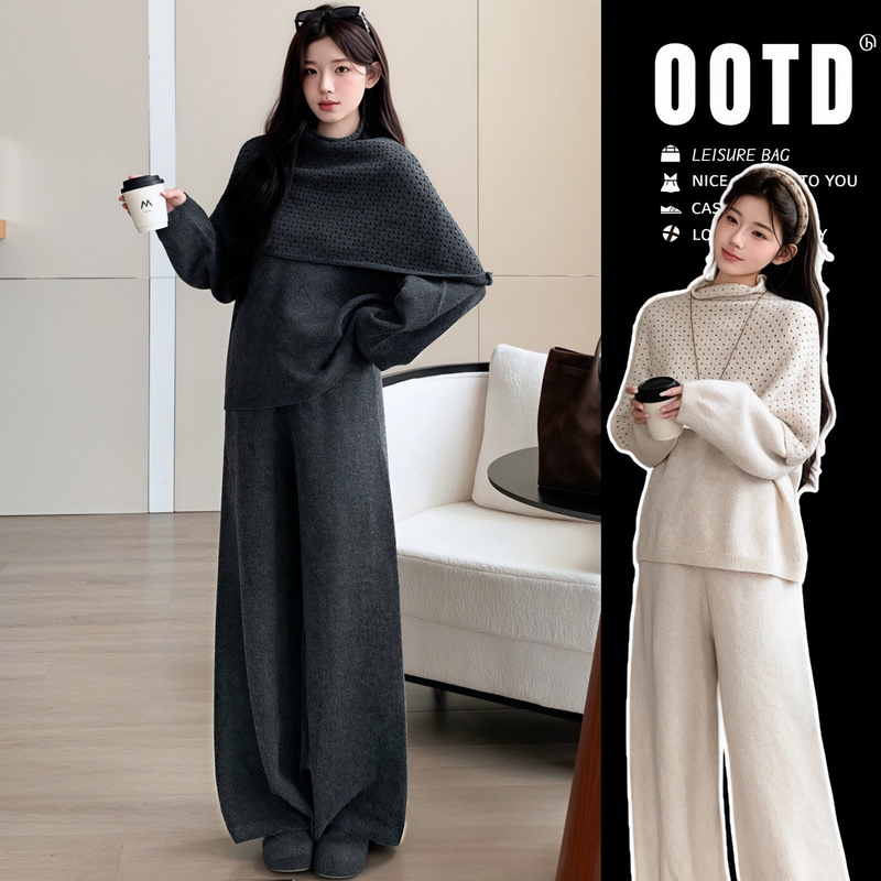 Maternity Wear'Relaxing Realm' Autumn and Winter Korean Style Lazy Knit Sweater Wide-Leg Pants Stylish Pregnancy Set