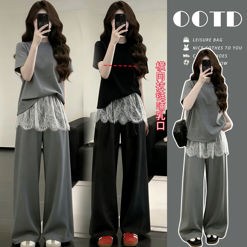 Summer Nursing Clothes for Going Out, Postpartum Wear for Hot Moms, Nursing Clothes with Lace, Wide-Leg Pants, Nursing Set