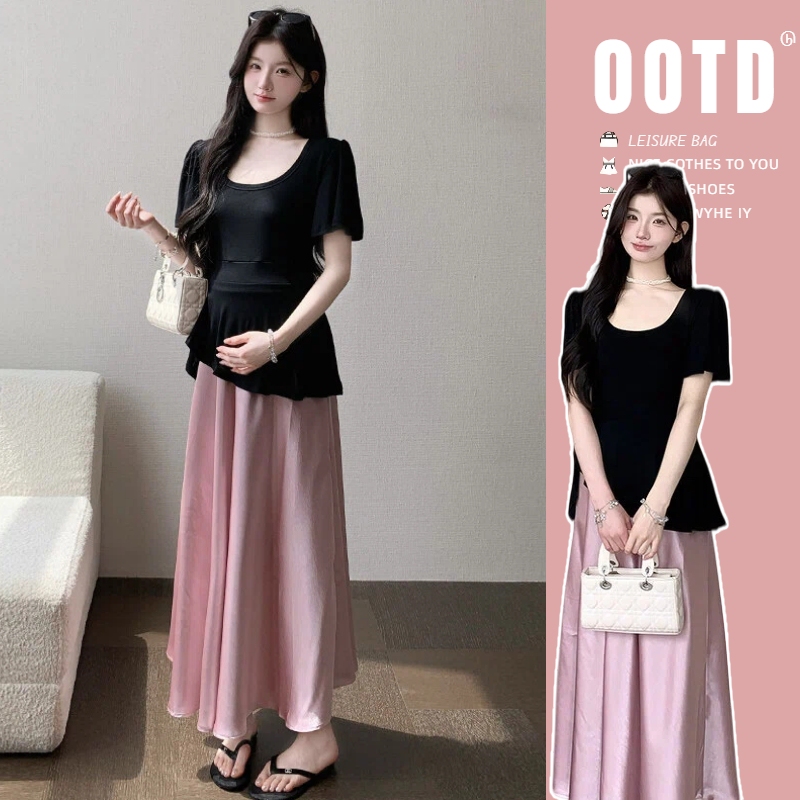 Maternity Wear "Moonlight Melody" Irregular Bell-Sleeve Top and Skirt Maternity Set Summer Two-Piece Set