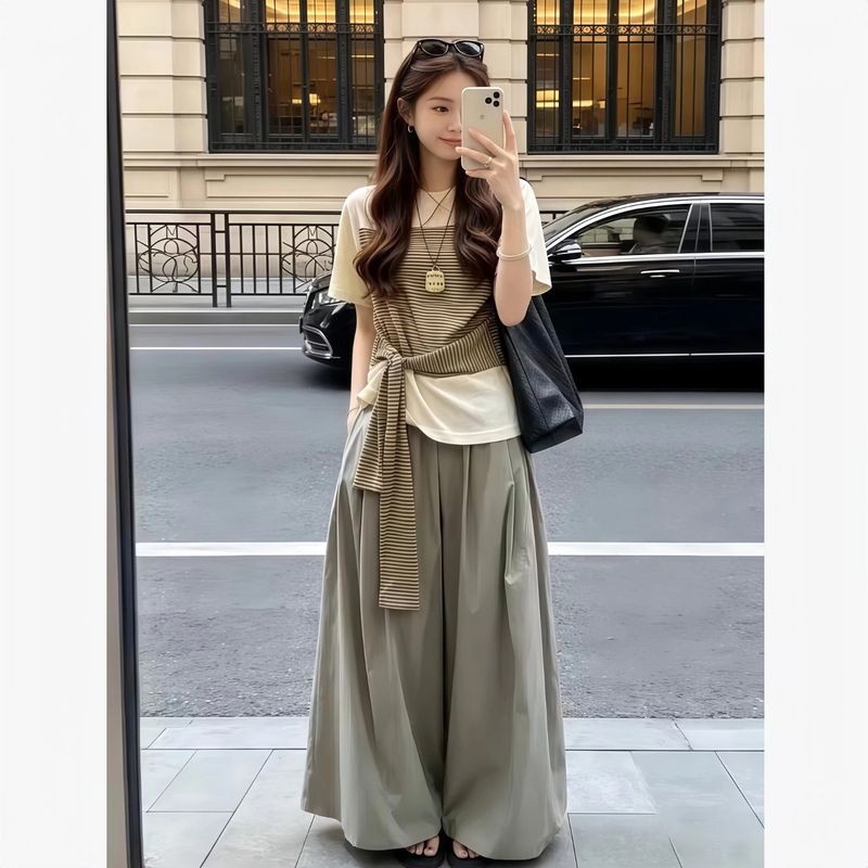 Summer Nursing Clothes for Going Out, Postpartum Nursing Clothes for Hot Moms, Korean Style Fake Two-Piece Tops, Wide-Leg Pants Two-Piece Set