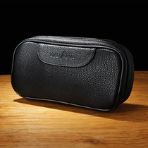 OLDFOX black pipe bag leather mens multi-functional portable storage double pipe bag tobacco bag litchi pattern accessories