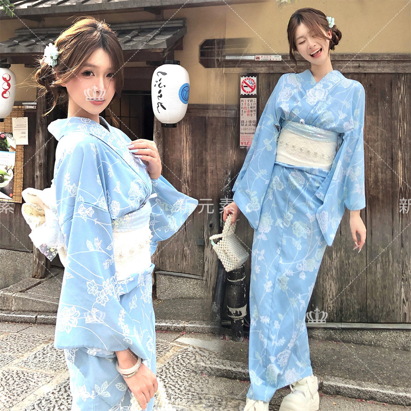 Photo Studio's New Japanese-Style Improved Kimono for Women, Blue Floral Yukata, Divine Girl Photo Shoot Photography Clothing