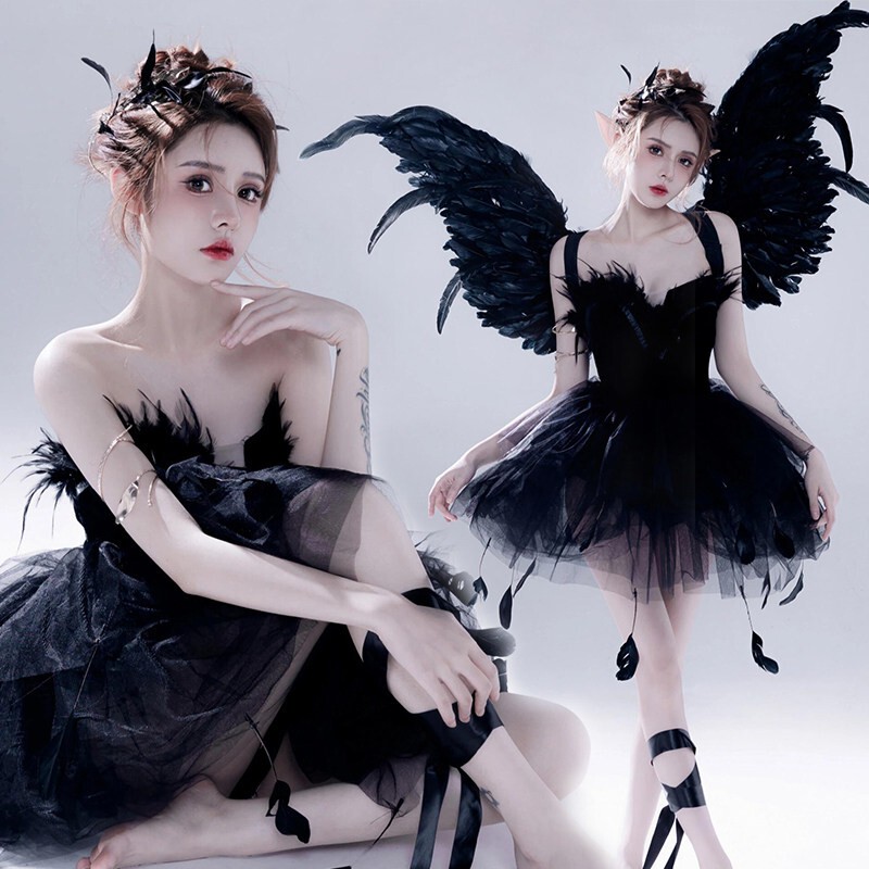 Halloween Photo Costumes, Stage Performance Costumes, New Elf Swan Little Witch Feather Tube Top Dress, Birthday Photos
