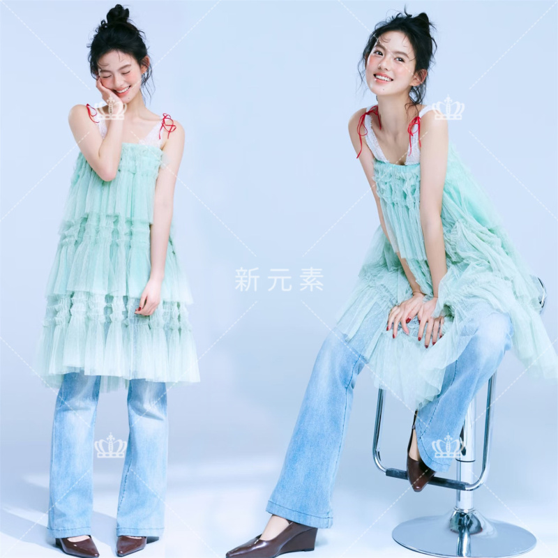 New French-Style Photo Shoot Mint Green Spaghetti Strap Dress with a Sweet and Fresh Vibe for Stage Photography