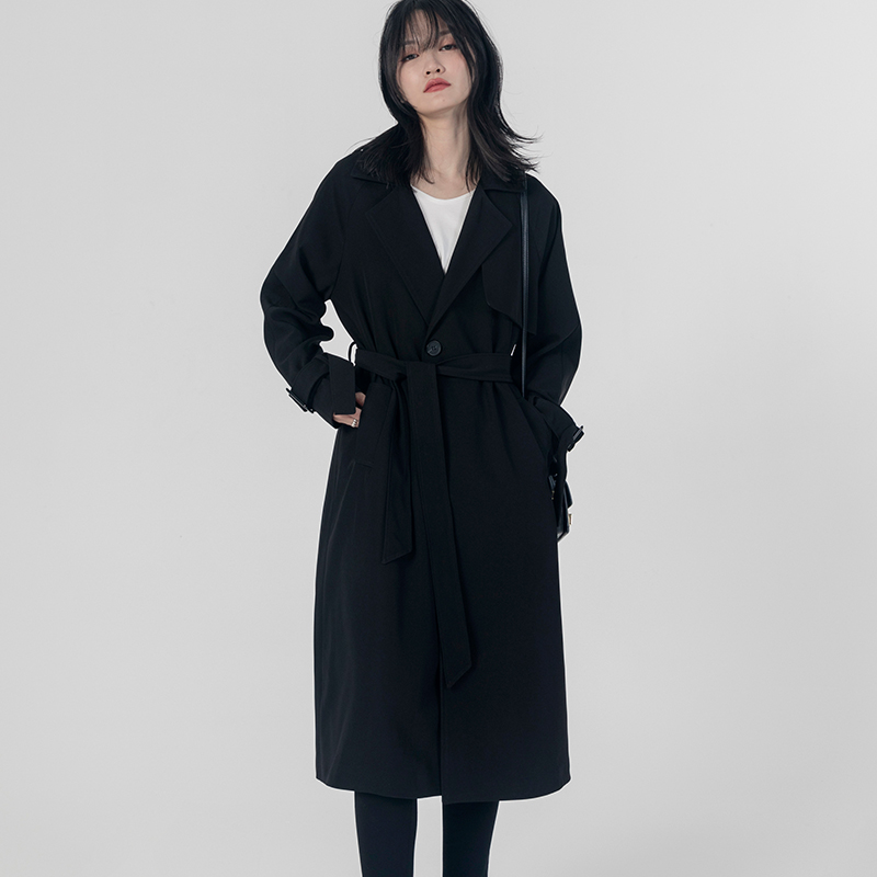 Yinding loose Korean style temperament popular British style drapey black windbreaker mid-length women's autumn coat