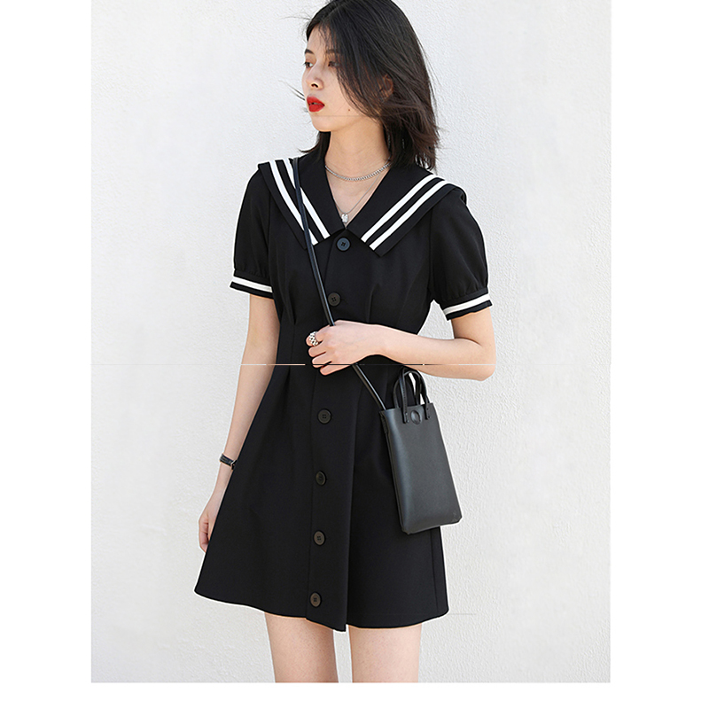 Inmachi 2022 new small black dress small sub collider Coloured navy collar cashew with women's summer black aword dress