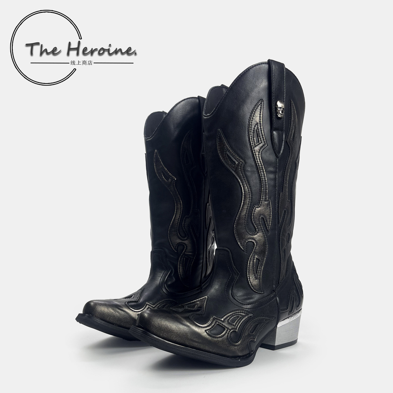 The Heroine Niche Metal Flame Retro Western Cowboy Boots for Men and Women, Pointed Toe, Large Size Biker Boots
