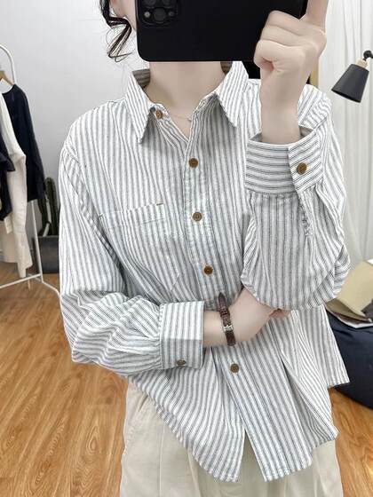 清仓捡漏~棉麻条纹长袖衬衫女春polo领休闲衬衣宽松大码亚麻上衣