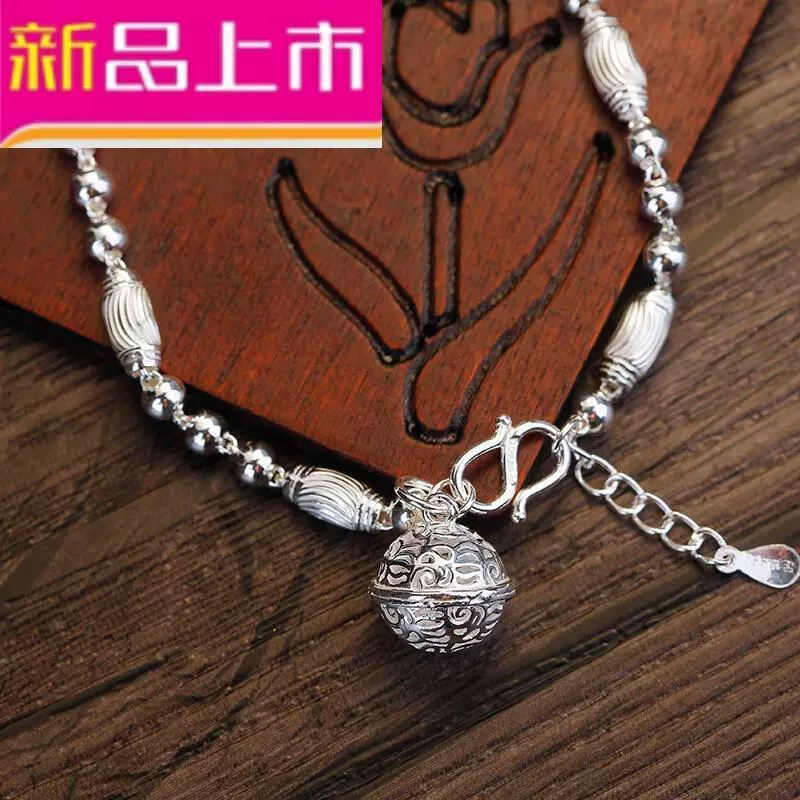 Sản phẩm mới Năm cung hoàng đạo Cổ điển gió Cung điện Chuông Vòng chân Nữ 999 Sterling Bạc Ô liu Hạt tròn Mắt cá chân Chuỗi chuông Vòng chân - Vòng chân