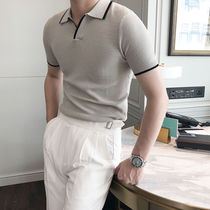 ITins ice silk polo shirt mens 2021 summer British style contrast color lapel casual slim short-sleeved knitted T-shirt