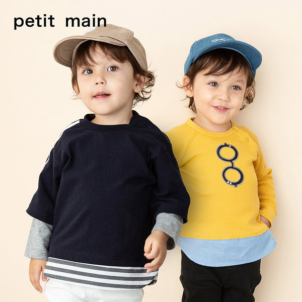 日本人气童装 A类安全等级 PETIT MAIN 18年秋季新款 纯棉 假两件儿童长袖T恤 天猫优惠券折后￥69包邮（￥99-30）80~130码3色可选