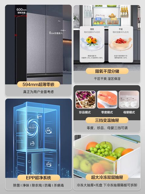 Haier Bcd-481Wghfdb9S9U1 Ultra-Thin Zero-Embedded French-Style First-Class Energy-Efficiency Air-Cooled Refrigerator
