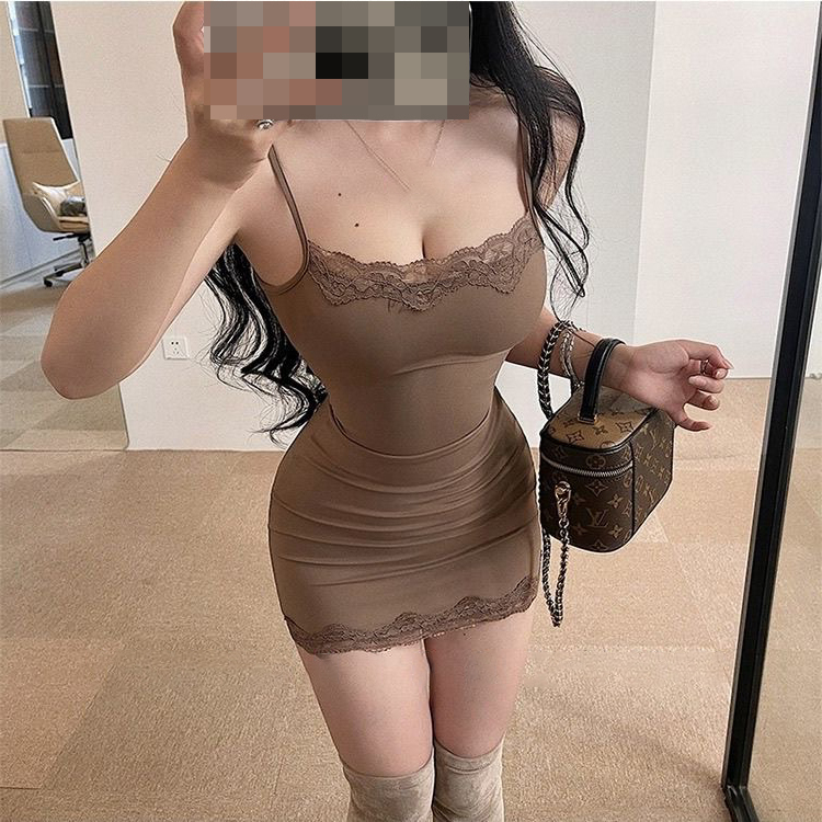 Plus Size 150kg Pure Desire Lace Trim Camisole Dress for Women, Summer Slim-Fit Bodycon Dress for Plus-Size Women