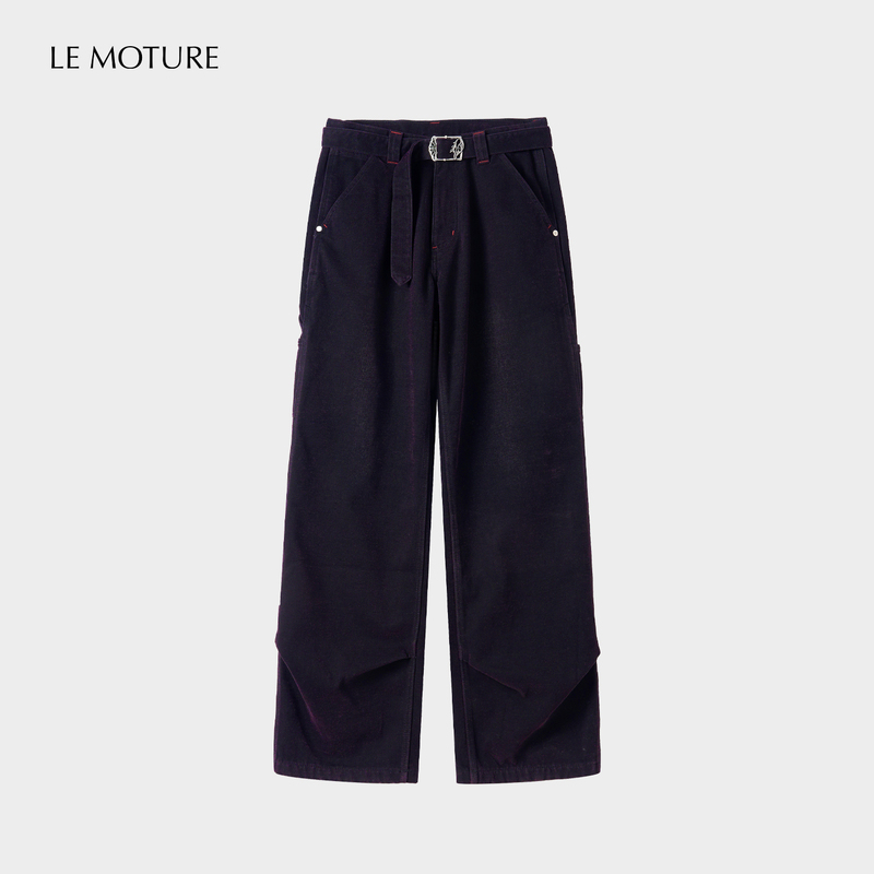 Lm Purple Flocking Logging Wide-Leg Workwear Jeans Casual Belt Straight-Leg Trousers Half-Petal