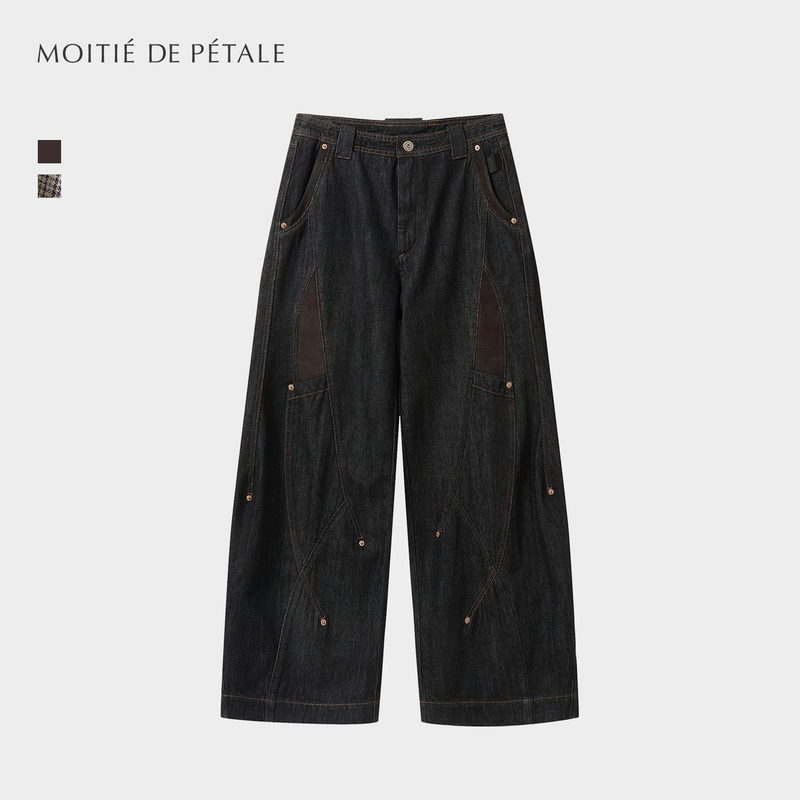 Half-Petal "Reef" Patchwork Stitching with Rivets, Raw Denim Scimitar Pants, Couture Jeans Denim Pants