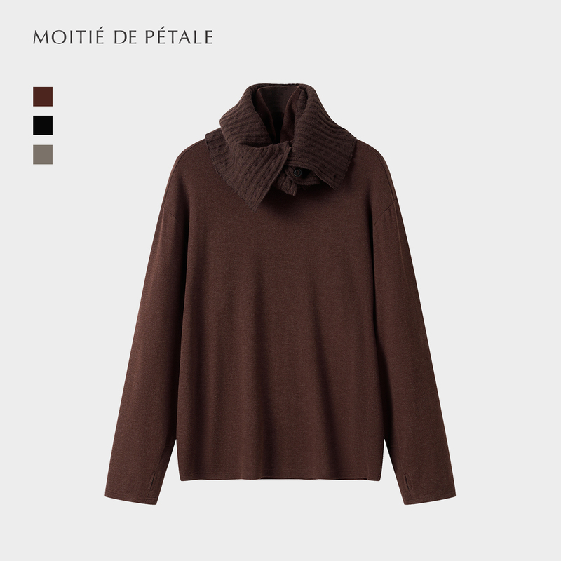 Lm Detachable Cable-Knit Collar Long-Sleeve Base Layer, Patchwork High-Neck Loose Warm T-Shirt 2026, Half Petal