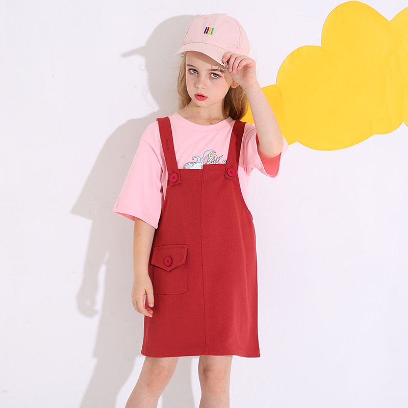 Girls dress summer clothes baby bag skirt new cotton suit short-sleeved net red middle-aged children two-piece Korean version of the Western style