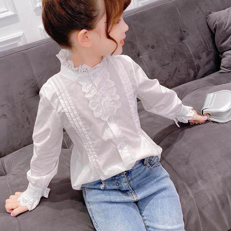 Girls Shirt Spring Feature 2022 Pure Cotton Lace Lace Spring and Autumn Long Sleeve White Shirt College wind Han Ocean Tide