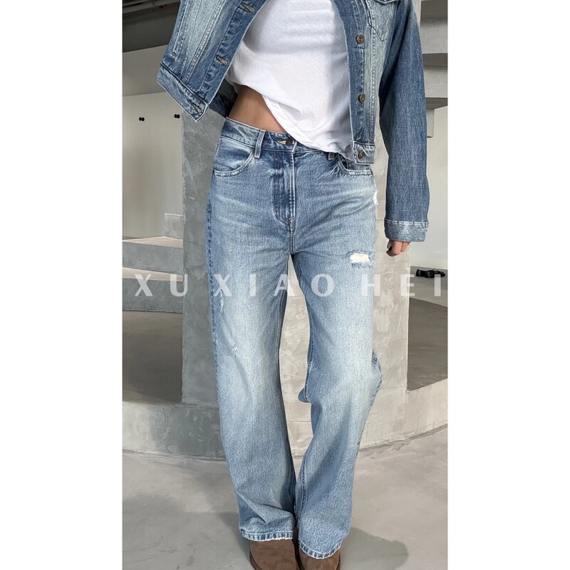 Xu Xiaohei【Deconstructing Rules】Imported Kanglong Mid-High Waist Non-Stretch Slightly Distressed Wide-Leg Versatile Jeans