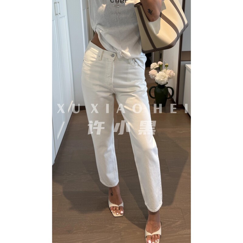 Xu Xiaohei【Leaving Space】All-Season Imported High-Waisted White Straight-Leg Pants, High-Waisted Non-Stretch Casual Jeans for Women