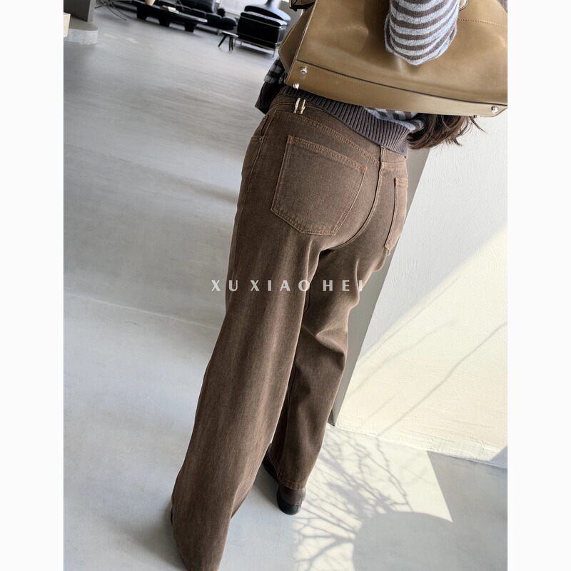 Xu Xiaohei【Swiss Travel】Mid-High Waist Non-Elastic Coffee-Colored Pure Cotton Slimming Thin Fleece Straight-Leg Jeans 8923R Xu Xiaohei【Swiss Travel】Mid-High Waist Non-Elastic Coffee-Colored Pure Cotton Slimming Thin Fleece Straight-Leg Jeans 8923R