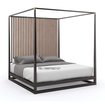 Postmodern fabric canopy bed model room hotel villa room double bed designer high-end custom solid wood bed