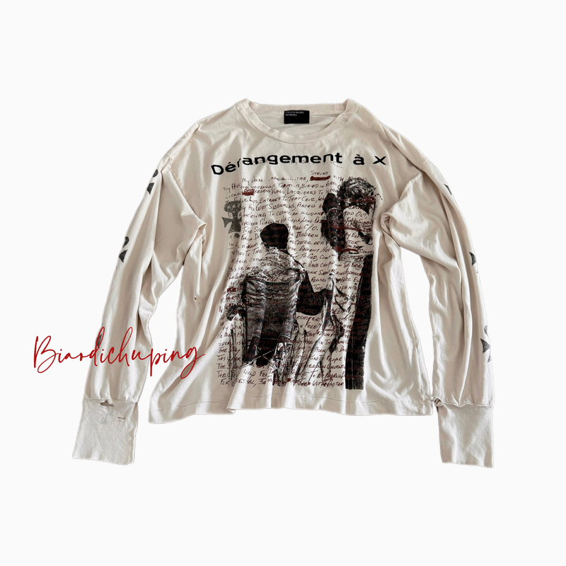 Produced by My Cousin, Erd Chaotic Portrait Long-Sleeve T-Shirt with a Distressed, Ripped Portrait Print and Hand-Stitched Design