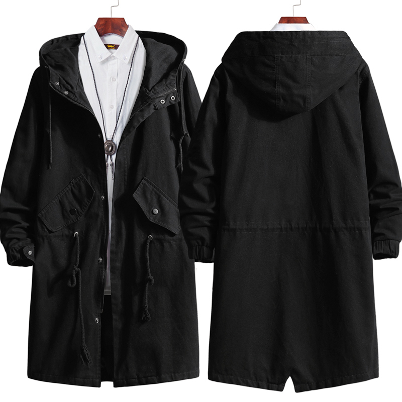 Mid-Length Pure Cotton Trench Coat with Printed Fashion Design, Anime Style for Men and Women, Suitable for Spring, Autumn, and Winter, Hooded Casual Cool Clothing
