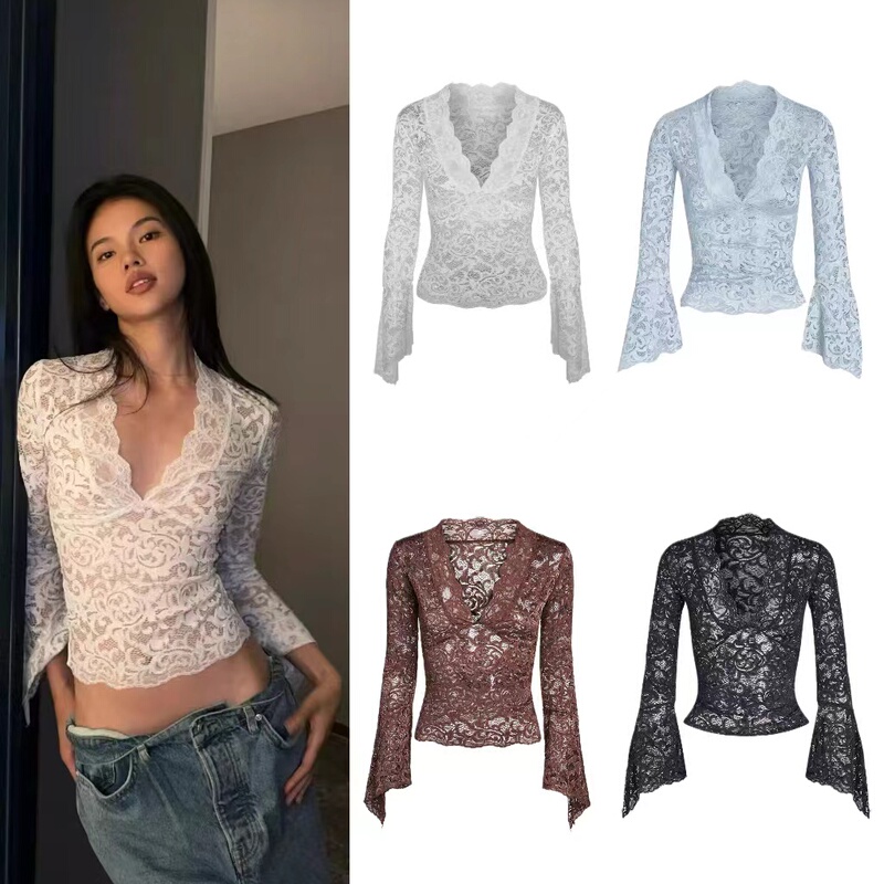 Iamgia European and American Style Hot Girl See-Through Top with Pure Desire Style, V-Neck, Hollow Lace, Bell Sleeves, See-Through Slim Fit Top