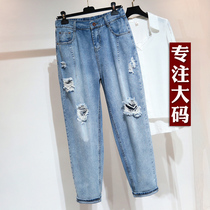 Large size hole jeans women nine points loose fat MM beggar straight tube Haren pants 200kg hip big leg thick pants