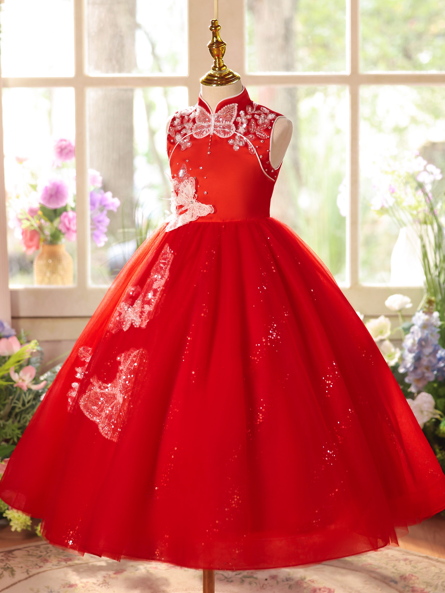 Yinmanqi Children's Dress New Style Girls' Heavy Embroidery Chinese Style Performance Dress Host Red Evening Dress