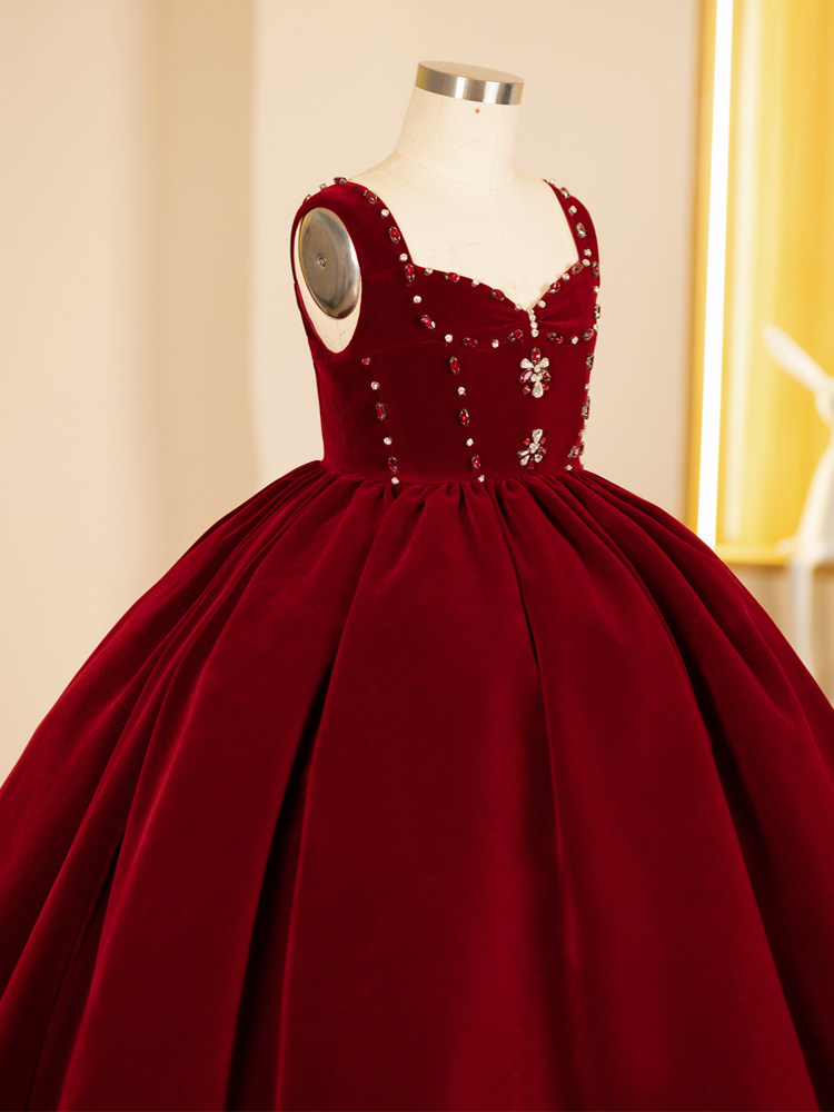 Girls' Dress, Light Luxury, Niche, High-End Flower Girl Wedding Red Princess Dress, Autumn and Winter Velvet Host Piano Performance Dress