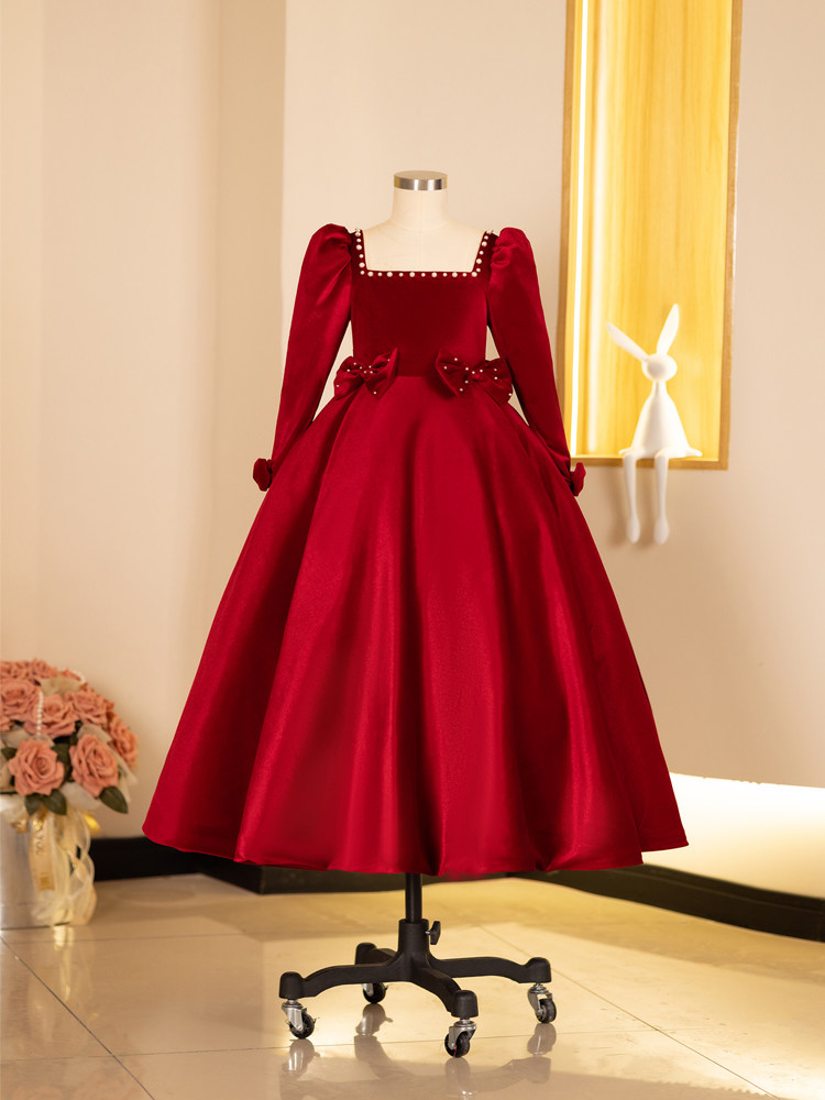 Girls' Dress 2025 New Model Girls' High-End Host Piano Performance Dress Little Girl's Birthday Princess Dress Red Winter