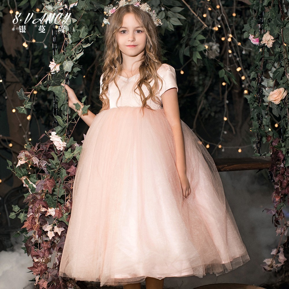 Girls evening dress princess skirt children's fluffy gauze long skirt catwalk mesh flower girl pink wedding dress in the big boy Western style