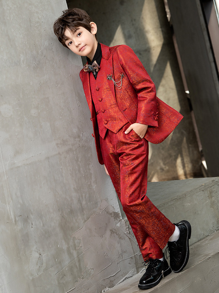 Boy's Suit Set, Flower Boy Red Stylish British-Style Small Suit, Children's Runway Outfit, Host Piano Performance Attire