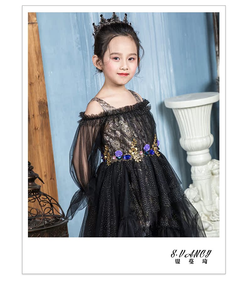 Trẻ em catwalk ăn mặc cô gái quần áo thủy triều trẻ em lớn mô hình cho thấy cô bé màu đen dấu vết trang phục piano cao cấp - Váy trẻ em shop thời trang trẻ em