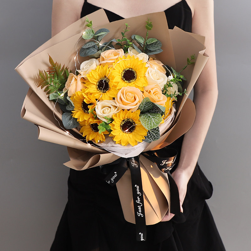 Teacher Festival Graduation Gift Sunflower Photo Emulation Flowers Bouquet Gaokao Rose Send Girlfriend Girlfriend's Birthday Dry Flowers-Taobao