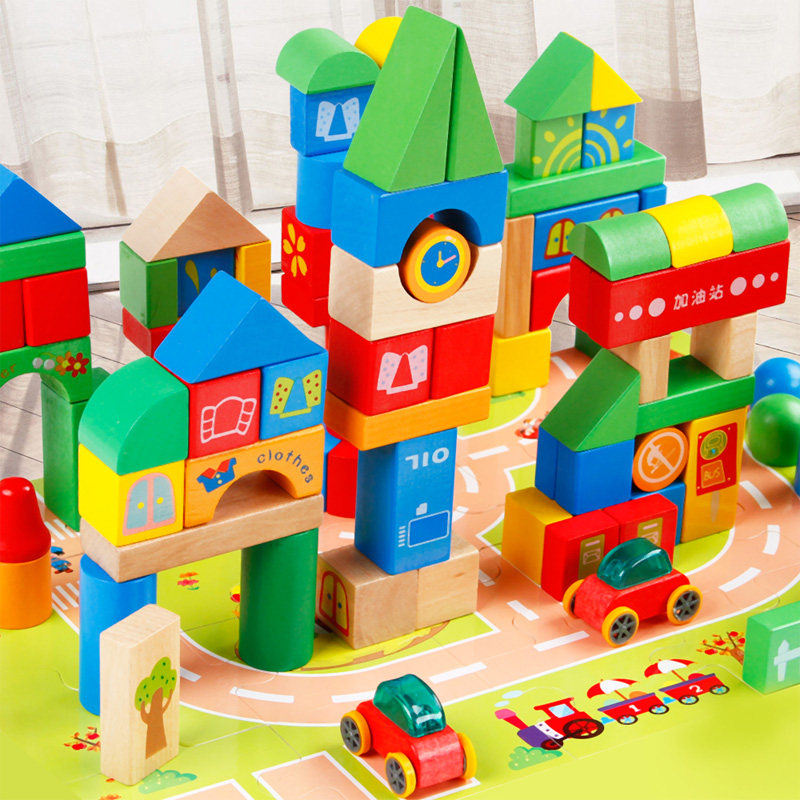 Qiaozhimu 118 large particle city traffic building blocks children's scene put together wooden piles to build educational wooden toys